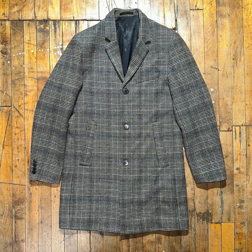H&M Coat Men's Size 40R Gray Plaid Wool Long Sleeve Notch Lapel Single Breasted‎